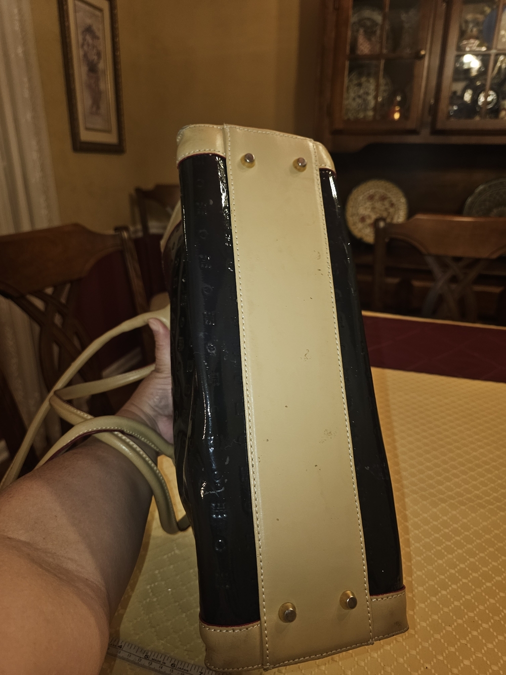 Arcadia Black Patent Tote with Cream Trim - Heavily Discounted Due To Damage - Picture 5 of 13